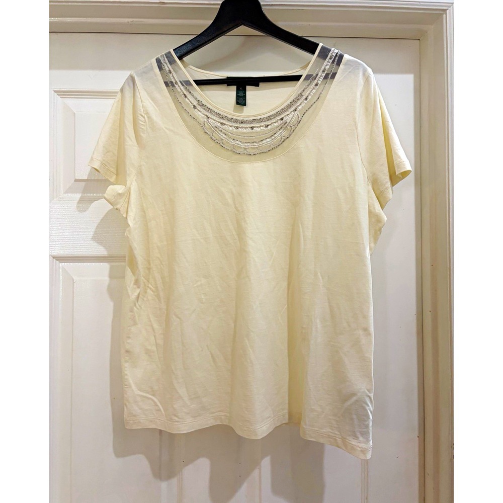 Lauren Ralph Lauren Women's XL Ivory Beaded Scoop Neck Short Sleeve T-Shirt